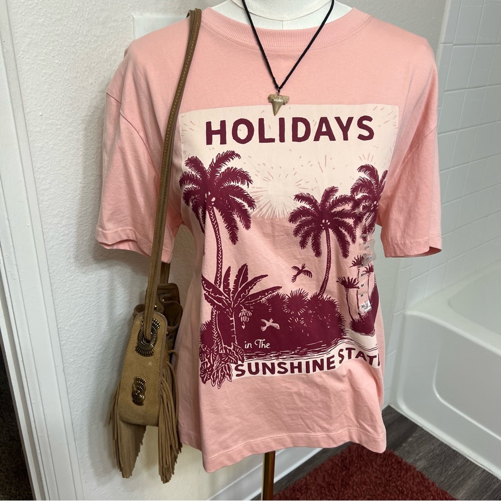NWT H&M x Desmond & Dempsey collection pink tshirt tee palm trees tropical beach